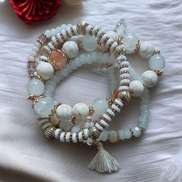 Glass Beaded Stacked Bracelet Rows Beads Floral Neutrals Y2K Boho Fairy Indie - Picture 15 of 16